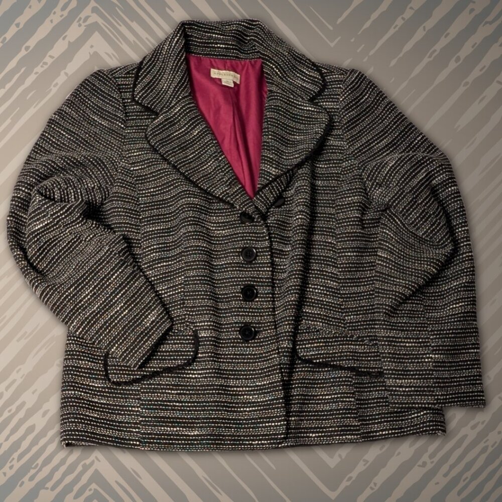 Appleseed's sz 16 Black & White Boucle TR Tweed Blazer w/Pink Lining, Fuzzy Trim